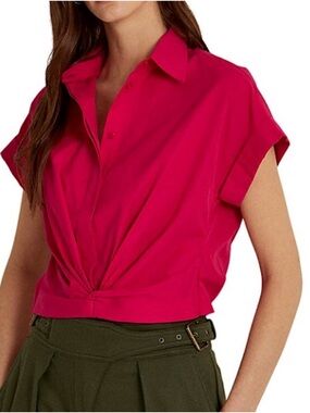 LAUREN RALPH LAUREN Twist-Front Cotton Broadcloth Shirt Pink, Sz S/P NWOT